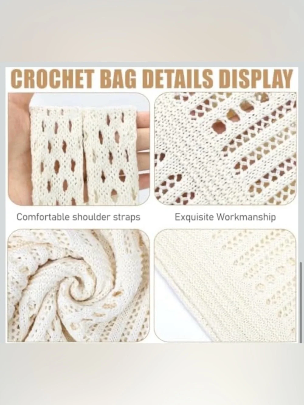 NEW Crocheted Beach Tote Tan Reusable Shopping Bag, Hobo Festival Bag